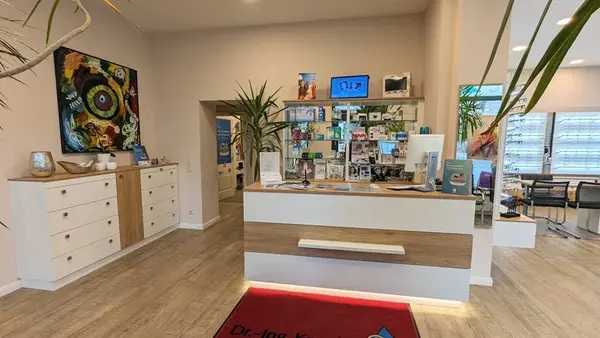 Moderne, helle Augenarztpraxis mit Empfangstresen, Wartebereich und Infomaterial.